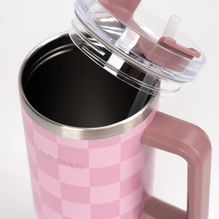 Pink checked stainless steel thermos flask