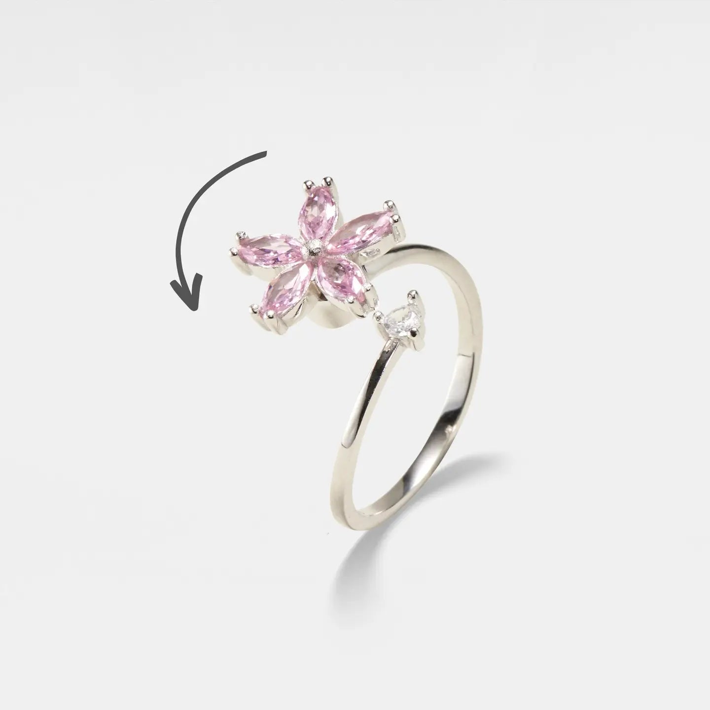 Fidget spinner ring with pink flower made of 925 sterling silver