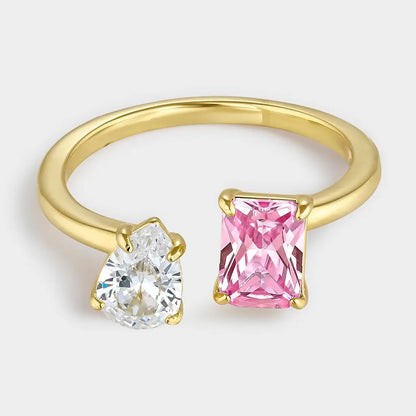 Duo ring with pink and white cubic zirconia, yellow gold plated