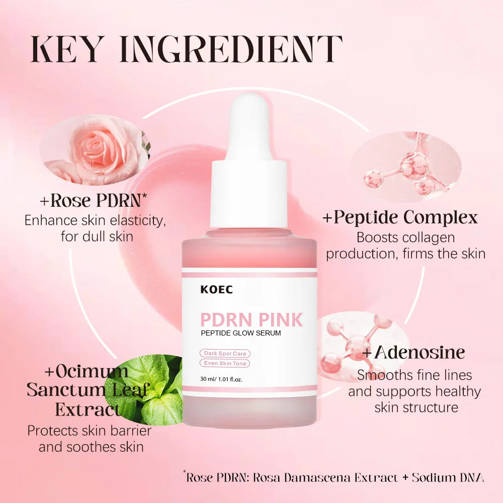 30Ml KOEC Rose PDRN Pink Peptide Glow Facial Serum Dark Spot Care Even Skin Tone Enhance Elasticity Smoothing Firming Adenosine