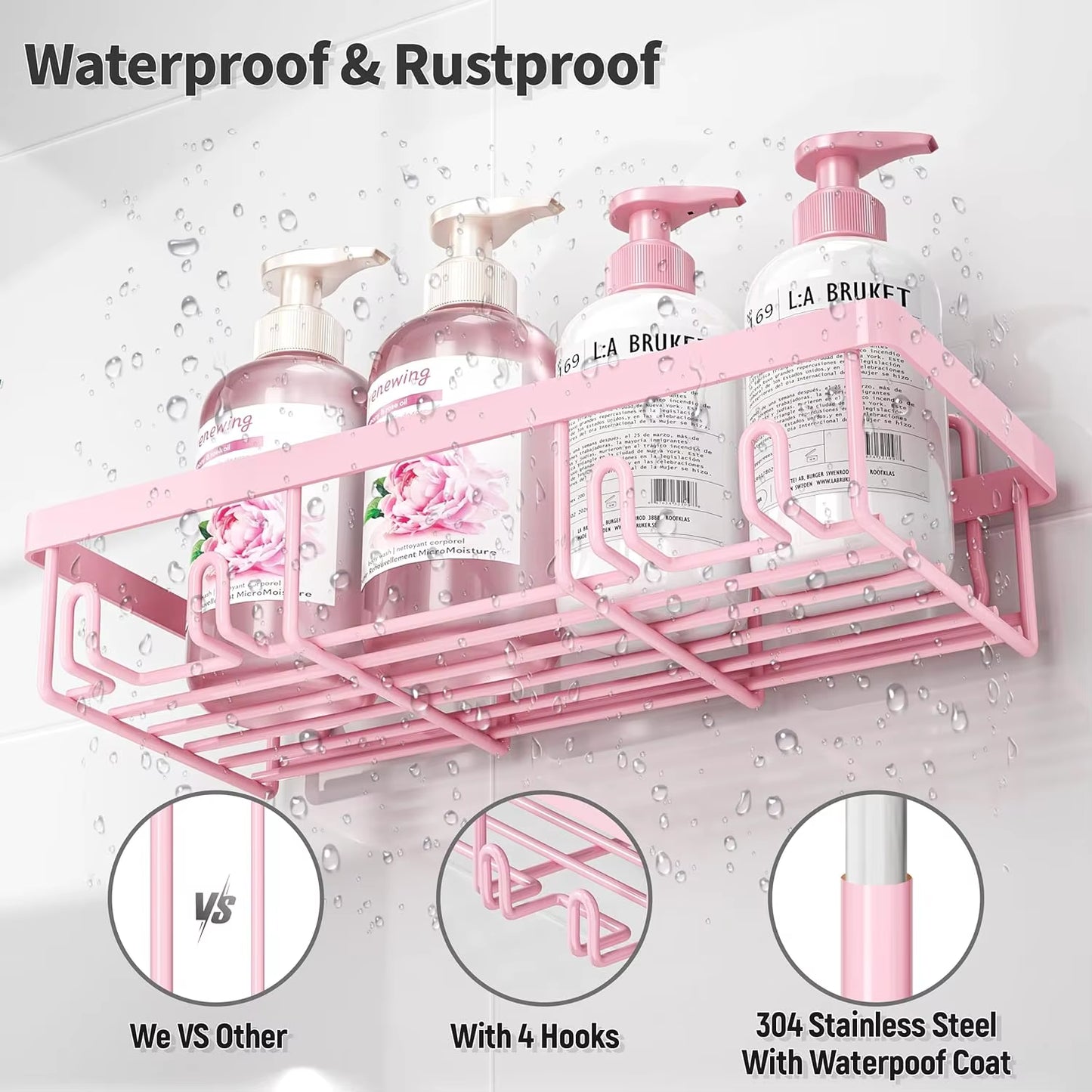 5-Pack Shower Caddy Organizer, Adhesive Pink Wall Shelf, Rustproof Stainless Steel Shampoo Holder