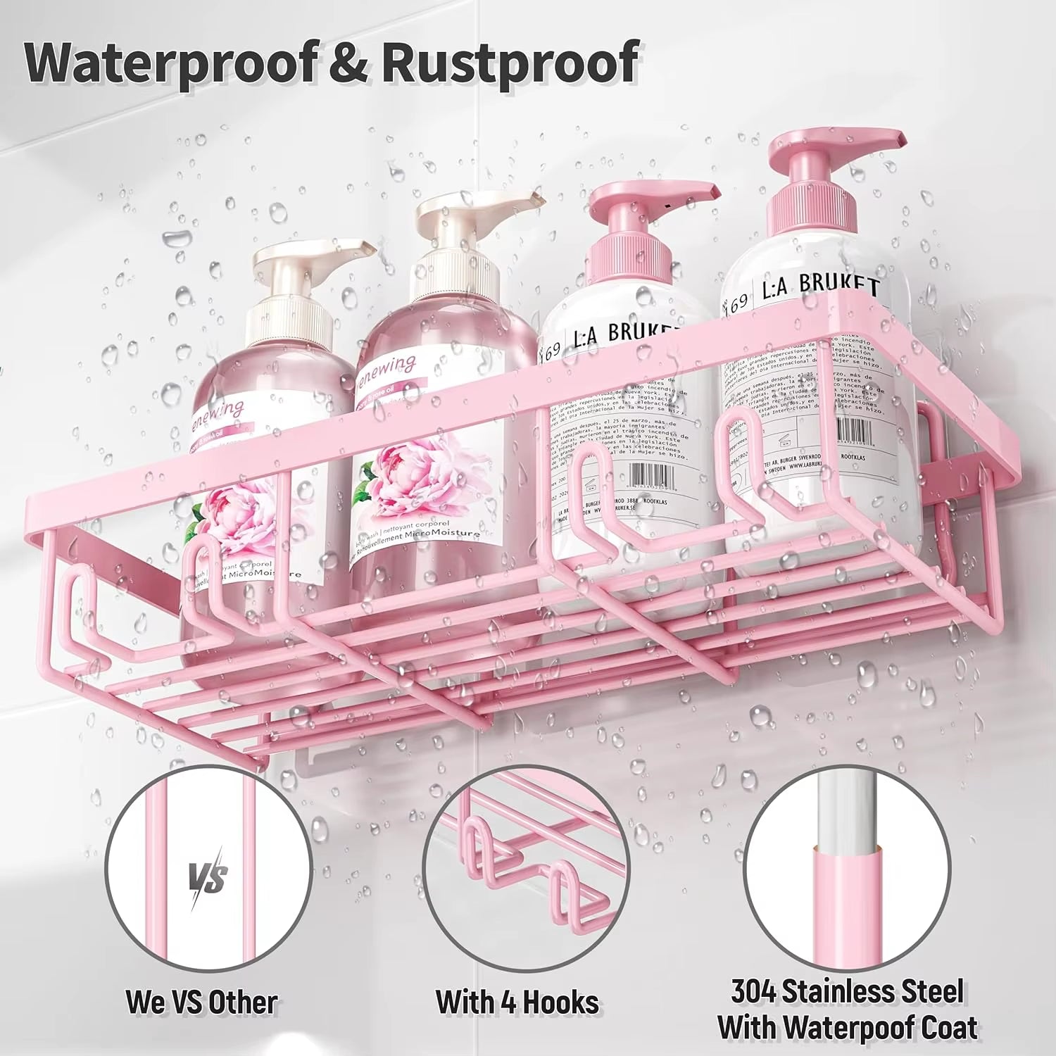 5-Pack Shower Caddy Organizer, Adhesive Pink Wall Shelf, Rustproof Stainless Steel Shampoo Holder