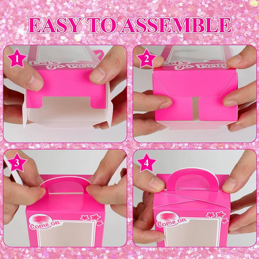 12PCS Pink Doll Party Favor Boxes Doll Props Hot Pink Gift Box Goodie Bag Candy Treat Boxes Pink Birthday Bachelorette Party