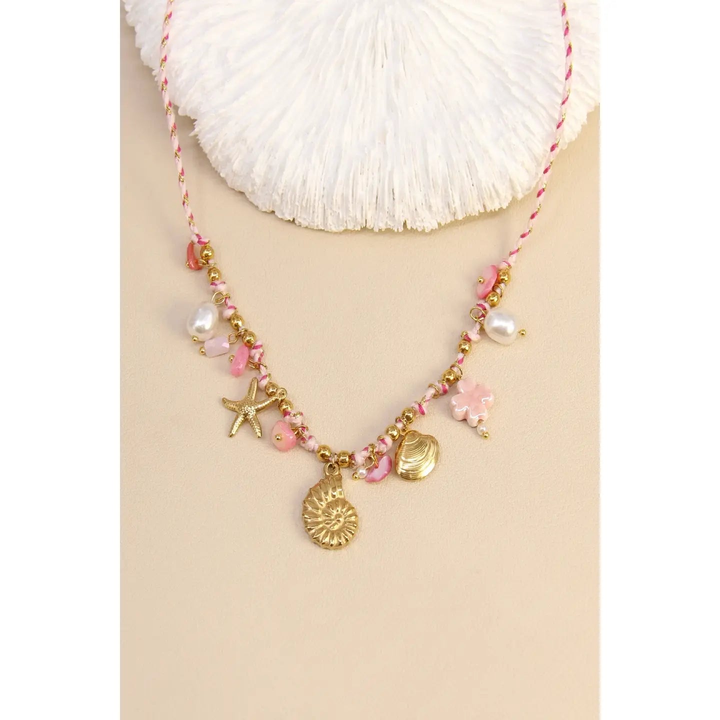 Necklace with pink shells – mother-of-pearl and stainless steel