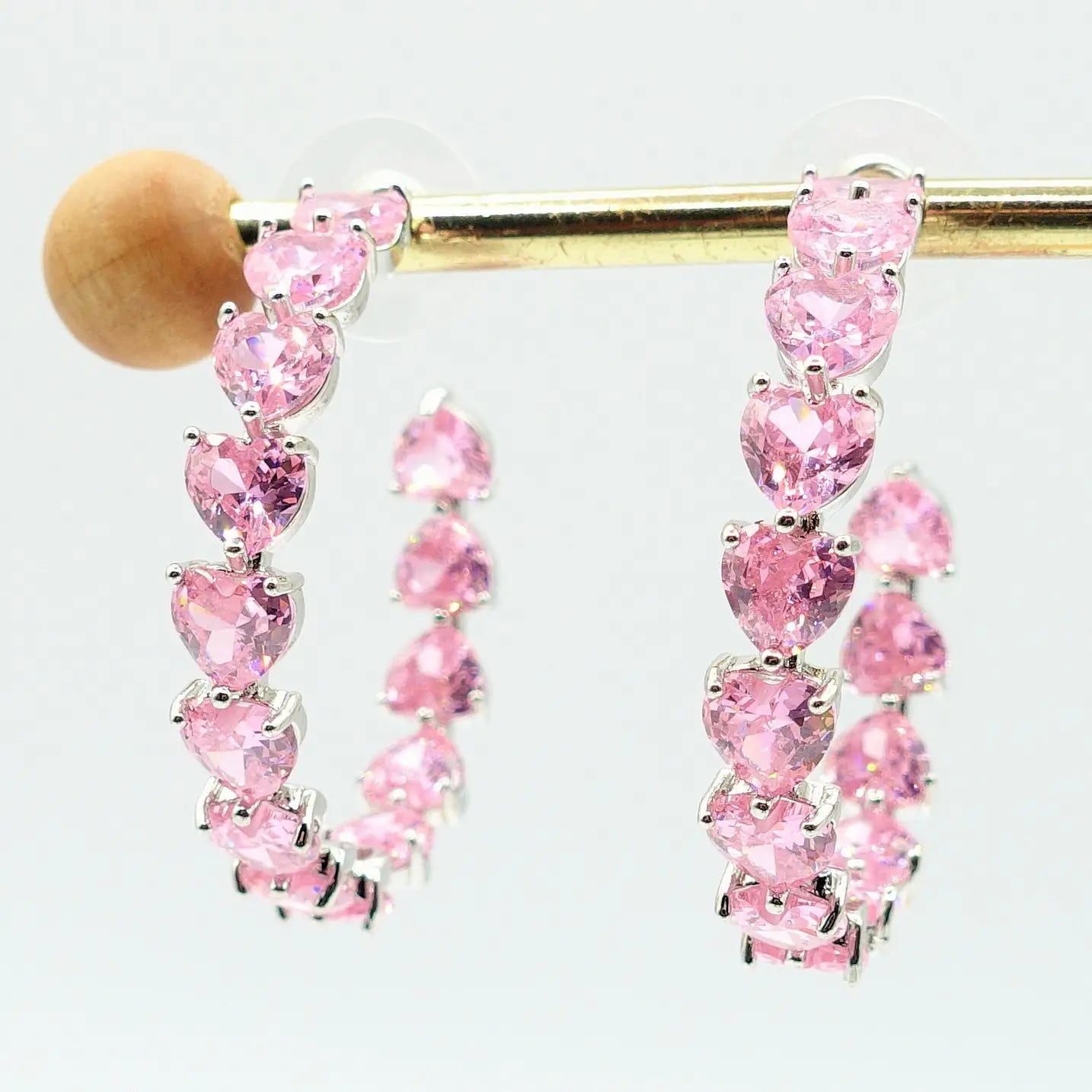 CHERIE - PINK large XL hoop earrings with heart-shaped cubic zirconia
