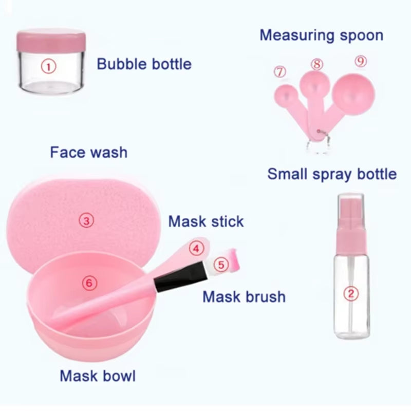 DIY Pink 9Pcs Kit Facial Mask Bowl Mask Makeup Brush Mask Stir Spatula Spoon Spray Bottle Cleanse Sponge Beauty Care Skin Tools