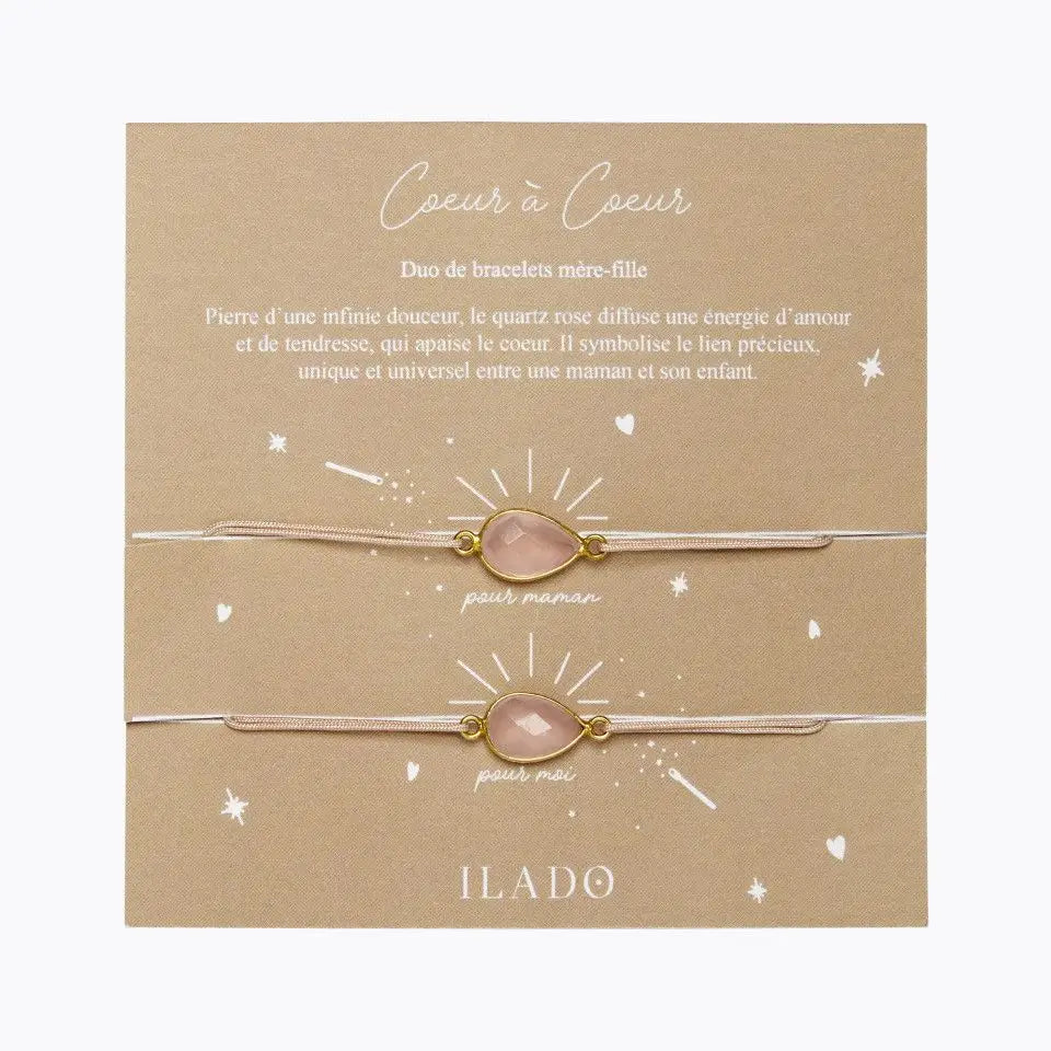 Mother-daughter bracelet set with pink quartz drops