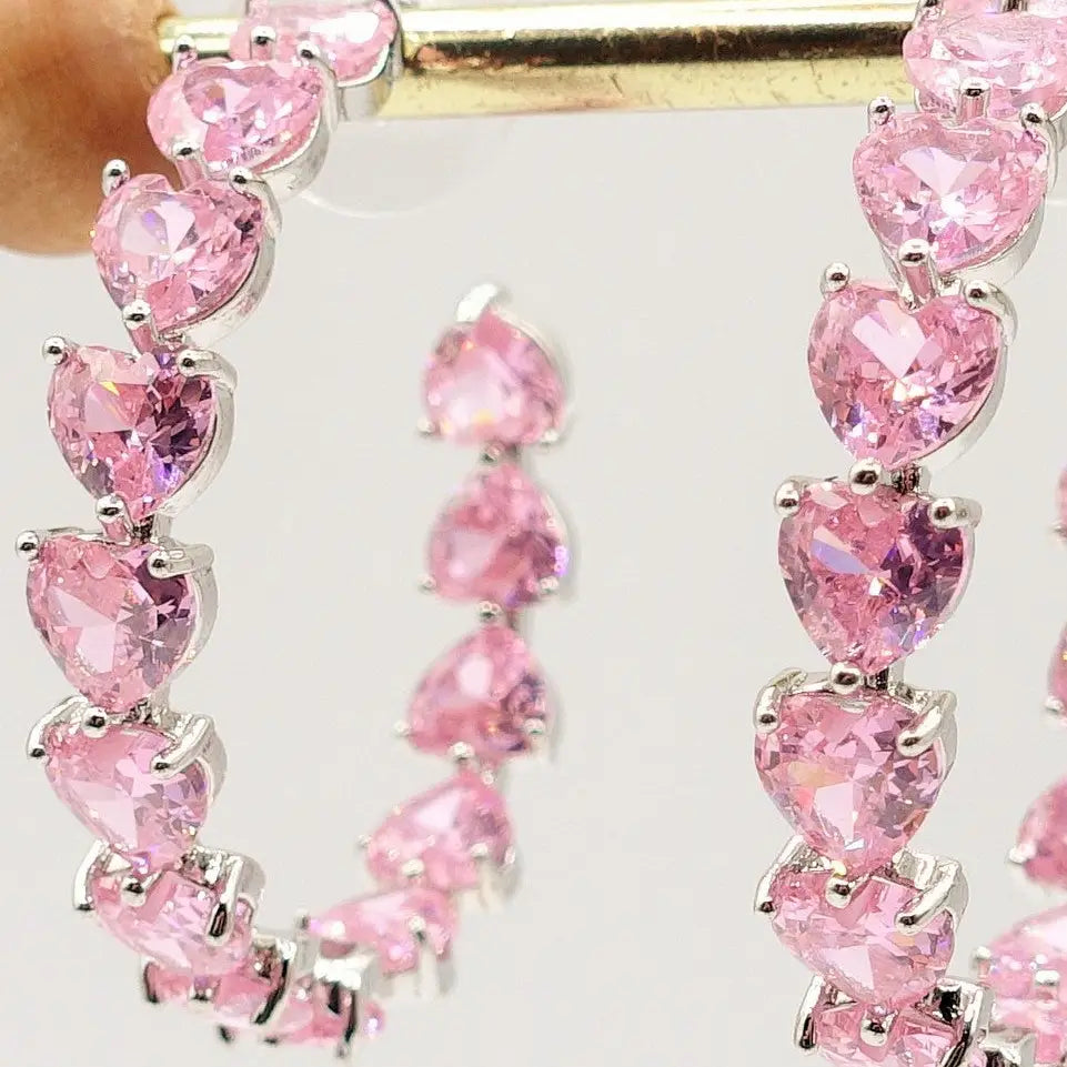CHERIE - PINK large XL hoop earrings with heart-shaped cubic zirconia
