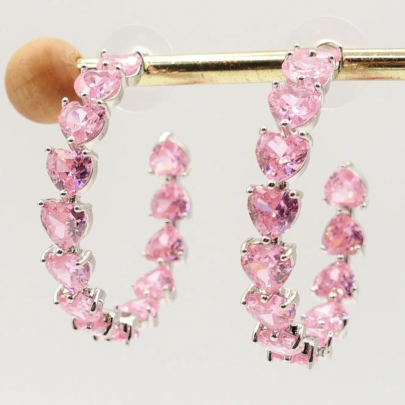 CHERIE - PINK large XL hoop earrings with heart-shaped cubic zirconia