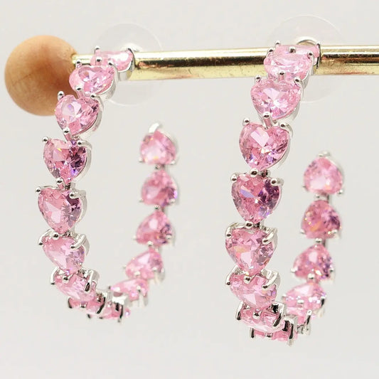 CHERIE - PINK large XL hoop earrings with heart-shaped cubic zirconia