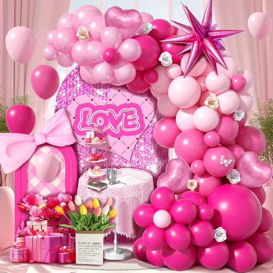 112Pcs Pink Balloon Arch Wreath Set, Pink Balloons with Rose Exploding Stars and Pink Love Foil Balloons, Suitable for Mother'S