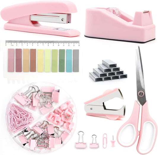 Pink Office Supplies, Pink Desk Accessories, Stapler and Tape Dispenser Set for Women with Stapler, Tape Dispenser, Staple Remover, Staples, Clips, Scissors and Tabs