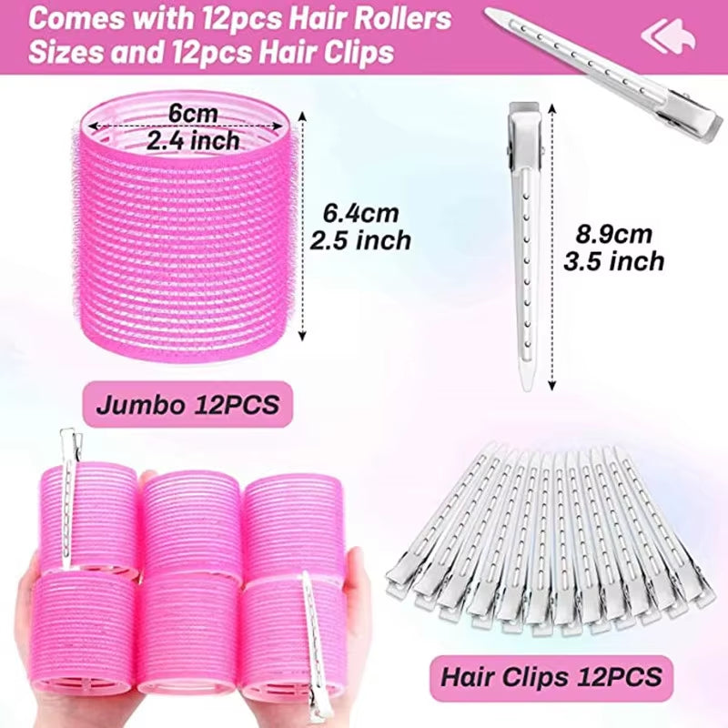 12Pcs Self-Grip Hair Rollers Heatless Hair Curlers No Heat Hair Bangs Volume Self-Adhesive Hook & Loop DIY Styling Tools