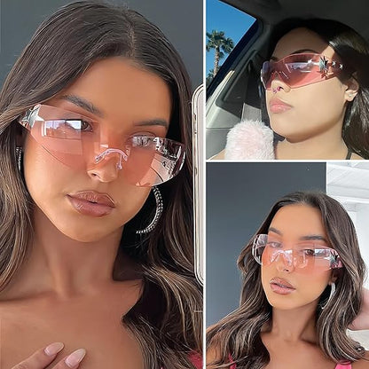 Rimless Y2K Sunglasses Star Wrap Around Glasses 2000S