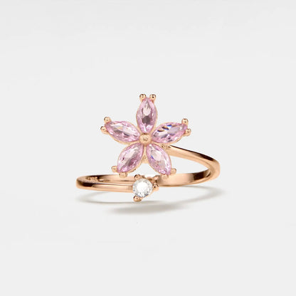 Fidget spinner ring with pink flower made of 925 sterling silver