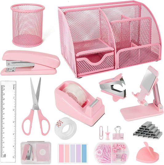 Pink desk organizers and accessories, pink office supplies gifts, mesh desk organizer, tape dispenser, tape, 1000 staples, staple remover, pen holder, clip set