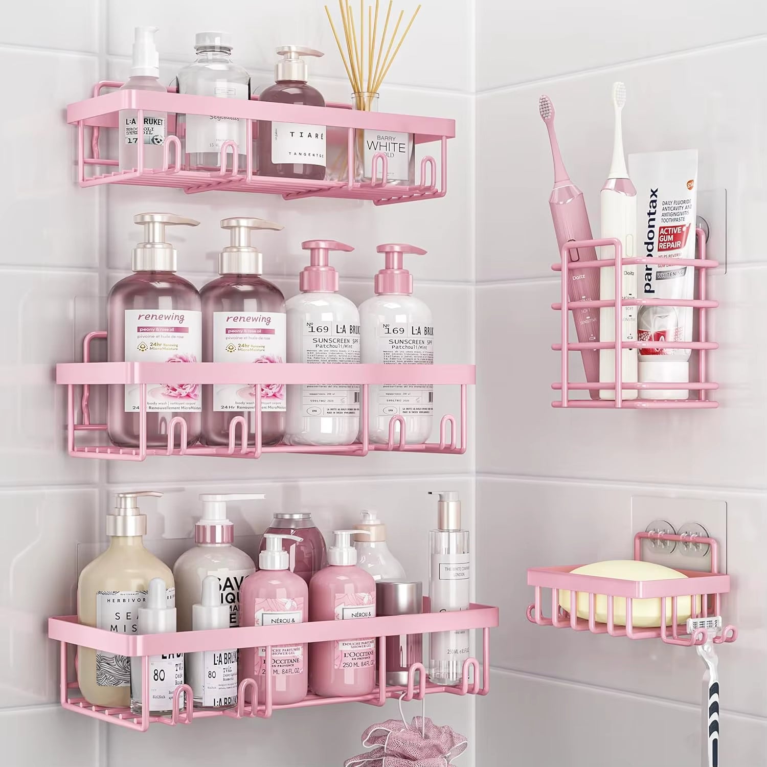 5-Pack Shower Caddy Organizer, Adhesive Pink Wall Shelf, Rustproof Stainless Steel Shampoo Holder