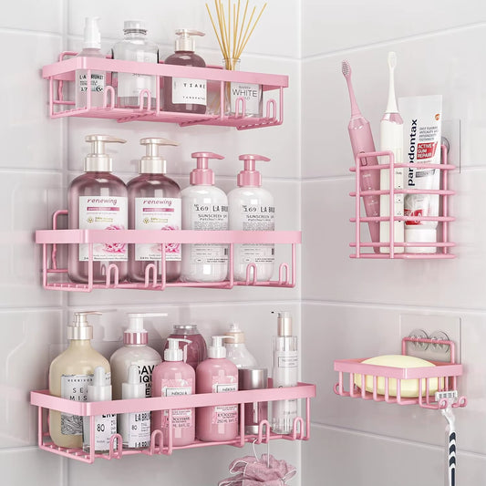 5-Pack Shower Caddy Organizer, Adhesive Pink Wall Shelf, Rustproof Stainless Steel Shampoo Holder