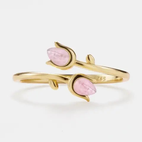 Rose quartz tulip flower bypass ring