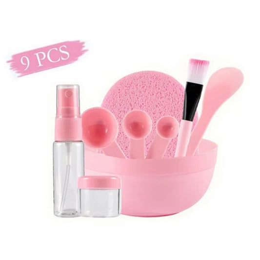 DIY Pink 9Pcs Kit Facial Mask Bowl Mask Makeup Brush Mask Stir Spatula Spoon Spray Bottle Cleanse Sponge Beauty Care Skin Tools