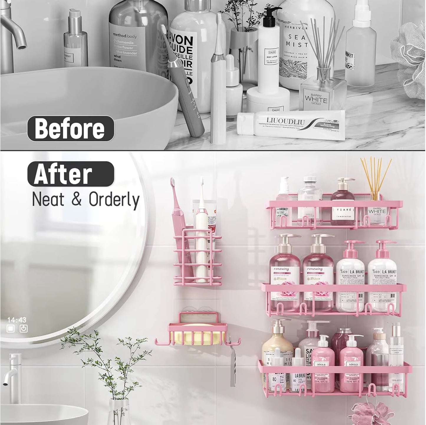 5-Pack Shower Caddy Organizer, Adhesive Pink Wall Shelf, Rustproof Stainless Steel Shampoo Holder