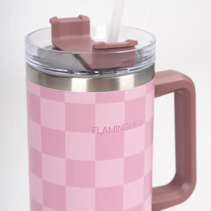 Pink checked stainless steel thermos flask