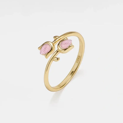Rose quartz tulip flower bypass ring