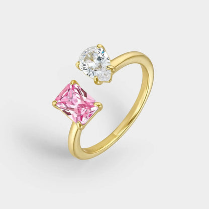 Duo ring with pink and white cubic zirconia, yellow gold plated