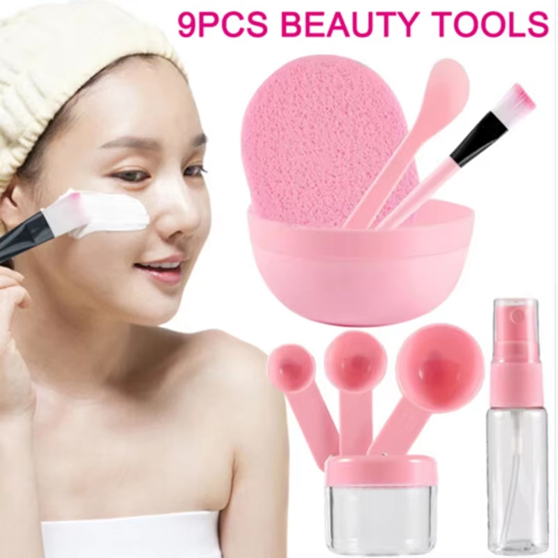 DIY Pink 9Pcs Kit Facial Mask Bowl Mask Makeup Brush Mask Stir Spatula Spoon Spray Bottle Cleanse Sponge Beauty Care Skin Tools