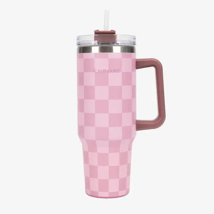 Pink checked stainless steel thermos flask