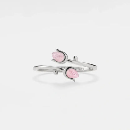 Rose quartz tulip flower bypass ring
