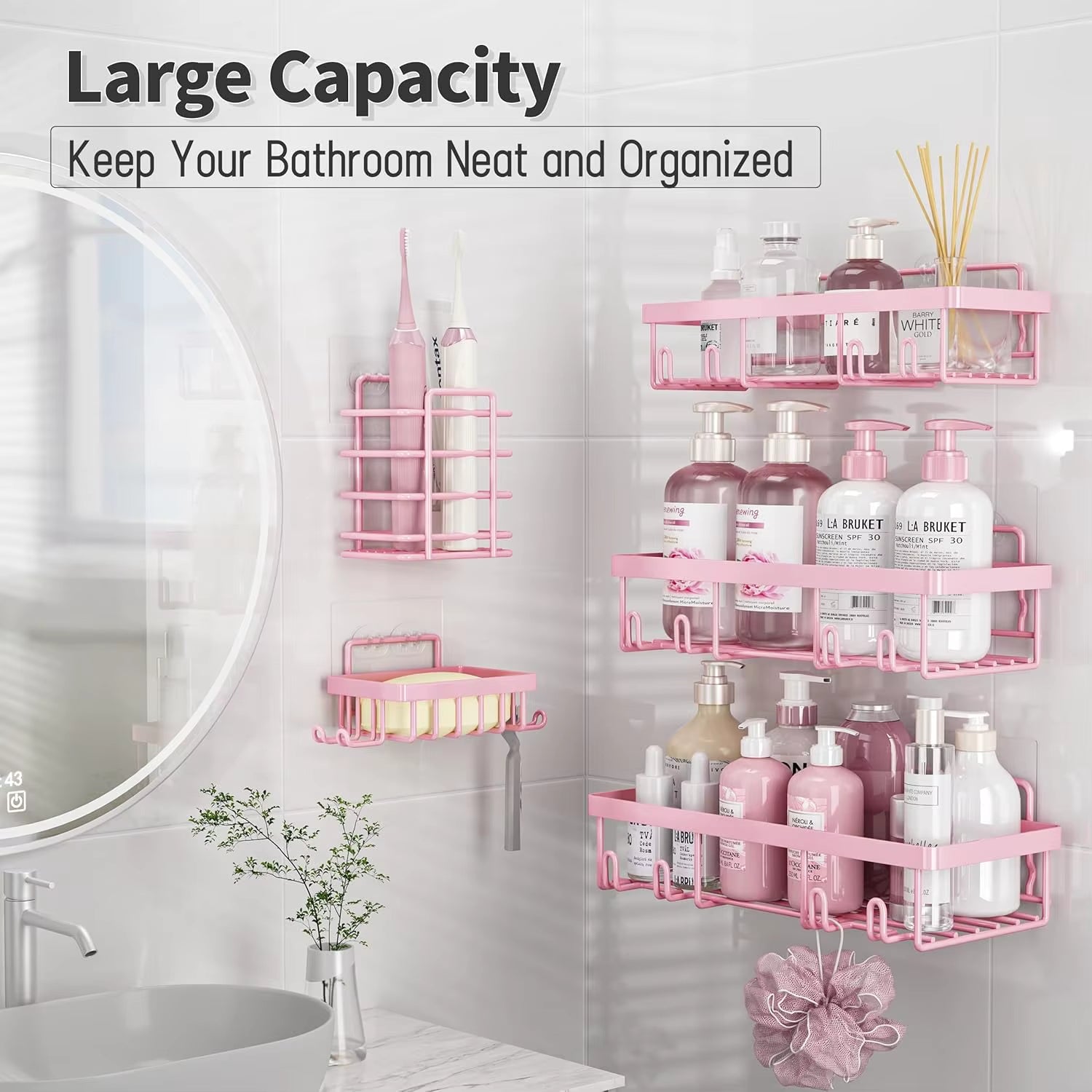5-Pack Shower Caddy Organizer, Adhesive Pink Wall Shelf, Rustproof Stainless Steel Shampoo Holder