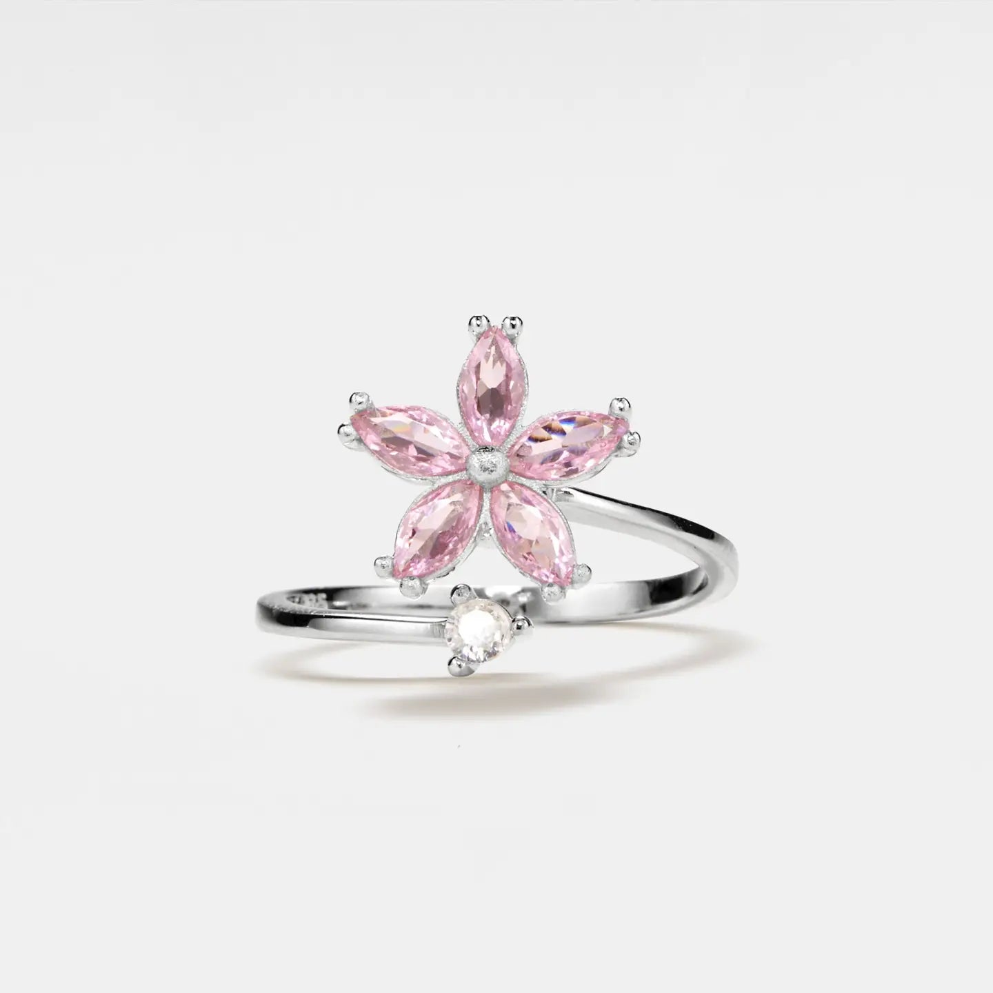 Fidget spinner ring with pink flower made of 925 sterling silver